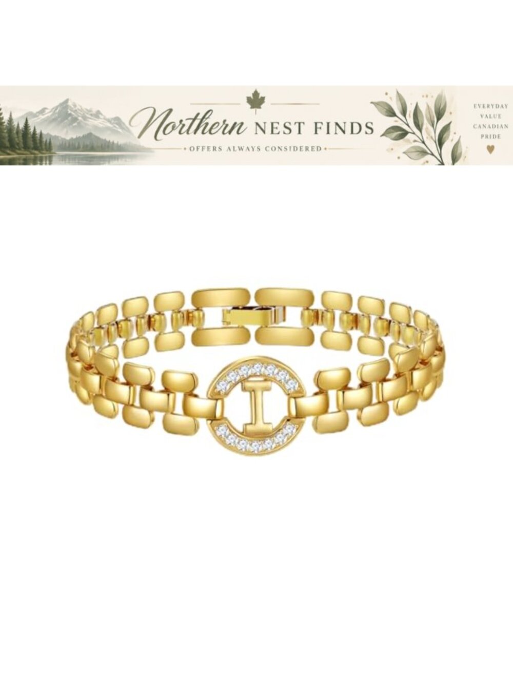 14K Gold Plated Initial Bracelet with Diamonds, Thick Chain, Women's Jewelry